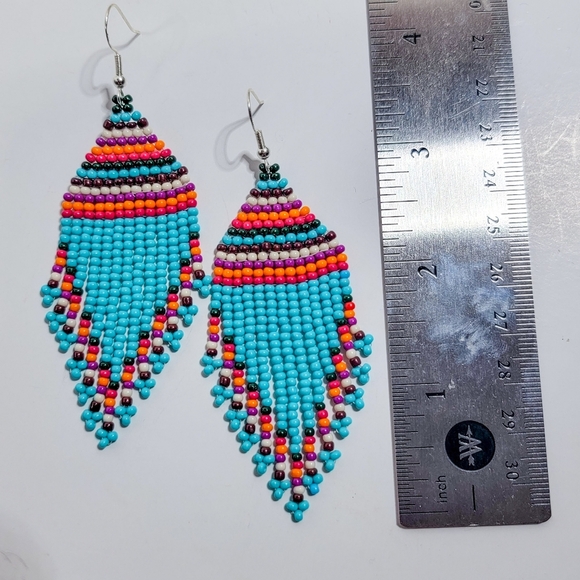 Handmade Turquoise Blue Tribal Patterned Fringe Seed Bead Earrings - Picture 3 of 5